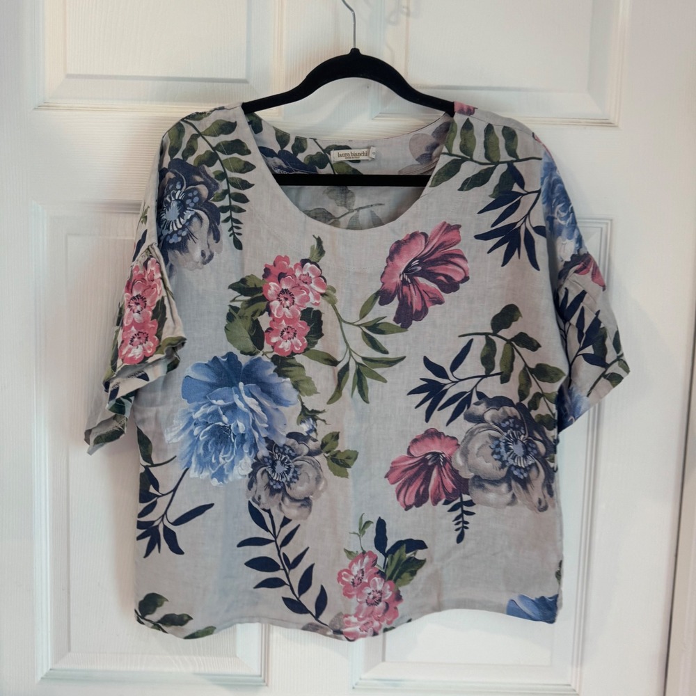 Laura Bianchi Linen Top Women S Grey Floral Made In Italy Art to Wear